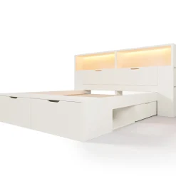 Lit double 140x200cm - avec lumière LED et port USB - avec banc coffre - grand espace de rangement - Blanc (sans matelas)