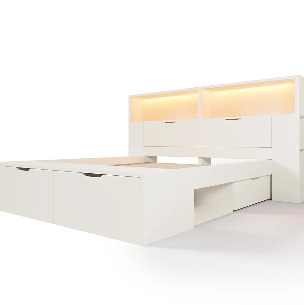 Lit double 140x200cm - avec lumière LED et port USB - avec banc coffre - grand espace de rangement - Blanc (sans matelas)