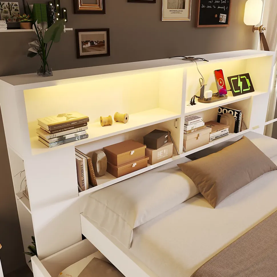 Lit double 140x200cm - avec lumière LED et port USB - avec banc coffre - grand espace de rangement - Blanc (sans matelas)