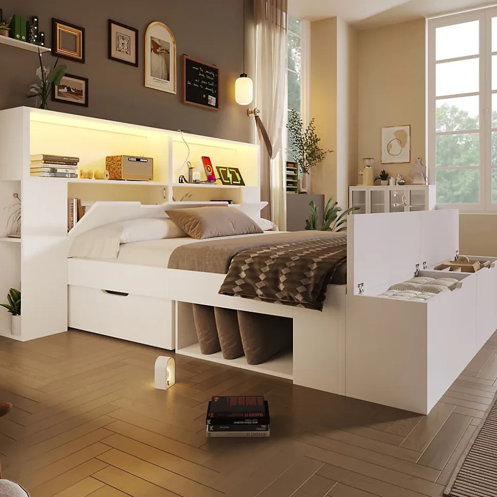 Lit double 140x200cm - avec lumière LED et port USB - avec banc coffre - grand espace de rangement - Blanc (sans matelas)