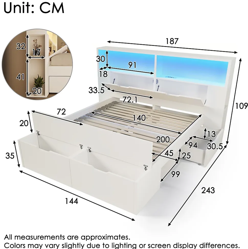 Lit double 140x200cm - avec lumière LED et port USB - avec banc coffre - grand espace de rangement - Blanc (sans matelas)