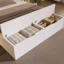 Lit double 140x200cm - avec lumière LED et port USB - avec banc coffre - grand espace de rangement - Blanc (sans matelas)