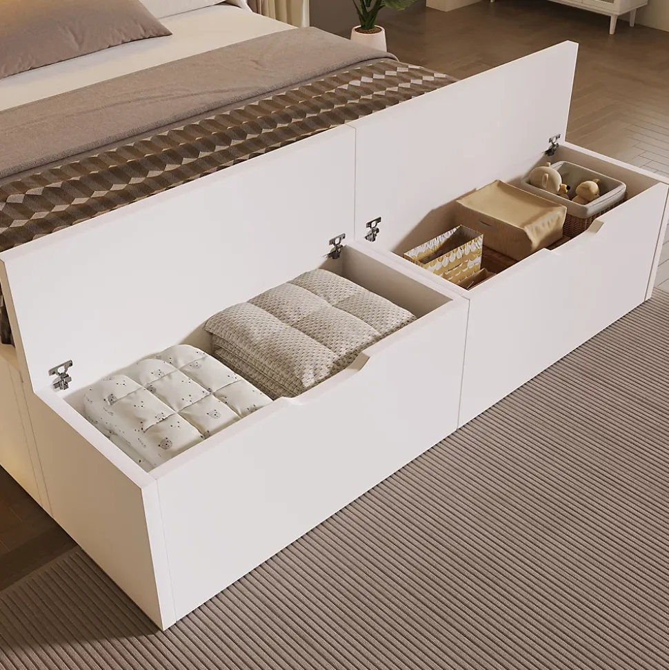 Lit double 140x200cm - avec lumière LED et port USB - avec banc coffre - grand espace de rangement - Blanc (sans matelas)