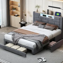 Lit double 160x200cm - cadre de lit en velours avec 3 tiroirs, sommier à lattes et tête de lit LED avec port USB/C - Gris