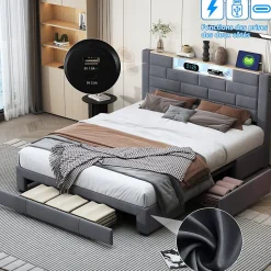Lit double 160x200cm - cadre de lit en velours avec 3 tiroirs, sommier à lattes et tête de lit LED avec port USB/C - Gris