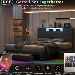 Lit double 160x200cm - cadre de lit en velours avec 3 tiroirs, sommier à lattes et tête de lit LED avec port USB/C - Gris