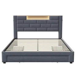 Lit double 160x200cm - cadre de lit en velours avec 3 tiroirs, sommier à lattes et tête de lit LED avec port USB/C - Gris