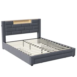 Lit double 160x200cm - cadre de lit en velours avec 3 tiroirs, sommier à lattes et tête de lit LED avec port USB/C - Gris