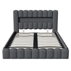 Lit double 180x200cm avec rangements, lit de souche avec éclairage LED, lit capitonné lit adulte lit ado, lin gris