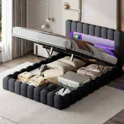 Lit double 180x200cm avec rangements, lit de souche avec éclairage LED, lit capitonné lit adulte lit ado, lin gris