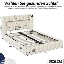 Lit double 180x200cm avec rangements, lit de souche avec éclairage LED, lit capitonné lit adulte lit ado, lin beige