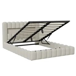 Lit double 180x200cm avec rangements, lit de souche avec éclairage LED, lit capitonné lit adulte lit ado, lin beige