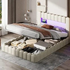 Lit double 180x200cm avec rangements, lit de souche avec éclairage LED, lit capitonné lit adulte lit ado, lin beige
