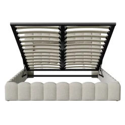Lit double 180x200cm avec rangements, lit de souche avec éclairage LED, lit capitonné lit adulte lit ado, lin beige