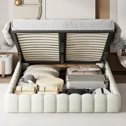 Lit double 180x200cm avec rangements, lit de souche avec éclairage LED, lit capitonné lit adulte lit ado, lin beige