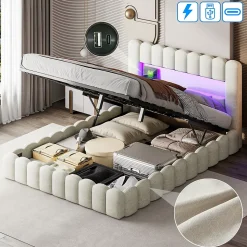 Lit double 180x200cm avec rangements, lit de souche avec éclairage LED, lit capitonné lit adulte lit ado, lin beige