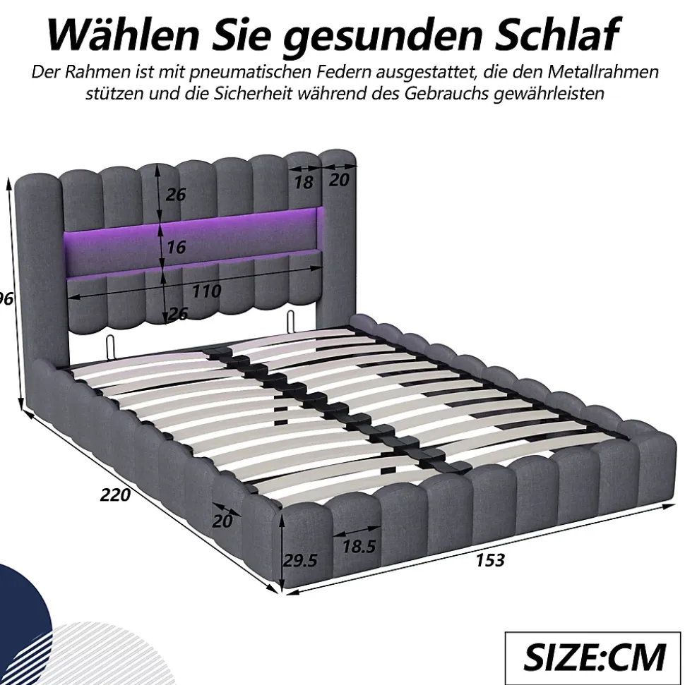 Lit double 140x200cm avec rangements, lit de souche avec éclairage LED, lit capitonné lit adulte lit ado, lin gris