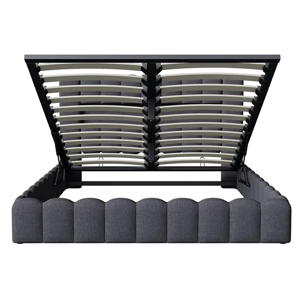 Lit double 140x200cm avec rangements, lit de souche avec éclairage LED, lit capitonné lit adulte lit ado, lin gris