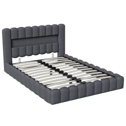 Lit double 140x200cm avec rangements, lit de souche avec éclairage LED, lit capitonné lit adulte lit ado, lin gris