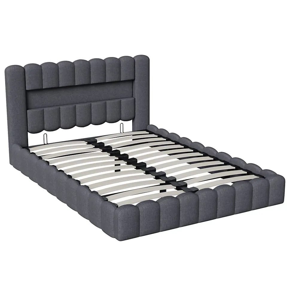 Lit double 140x200cm avec rangements, lit de souche avec éclairage LED, lit capitonné lit adulte lit ado, lin gris