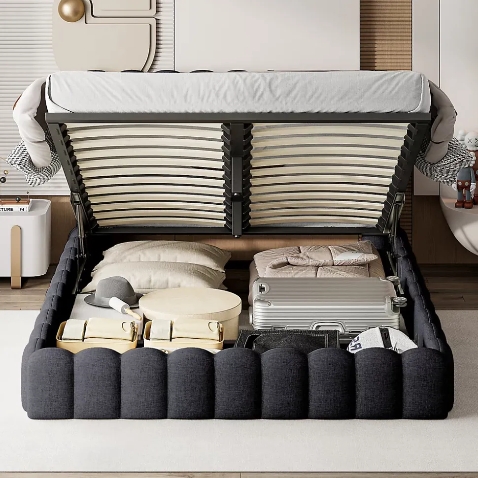 Lit double 140x200cm avec rangements, lit de souche avec éclairage LED, lit capitonné lit adulte lit ado, lin gris