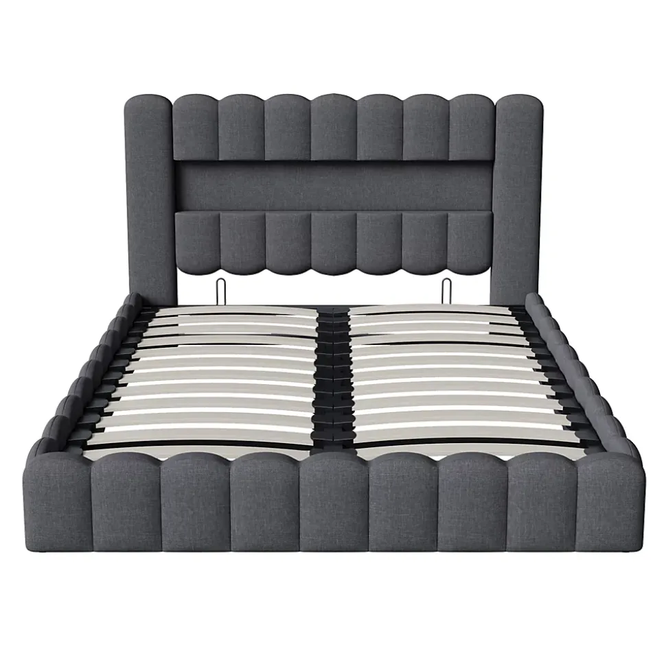 Lit double 140x200cm avec rangements, lit de souche avec éclairage LED, lit capitonné lit adulte lit ado, lin gris