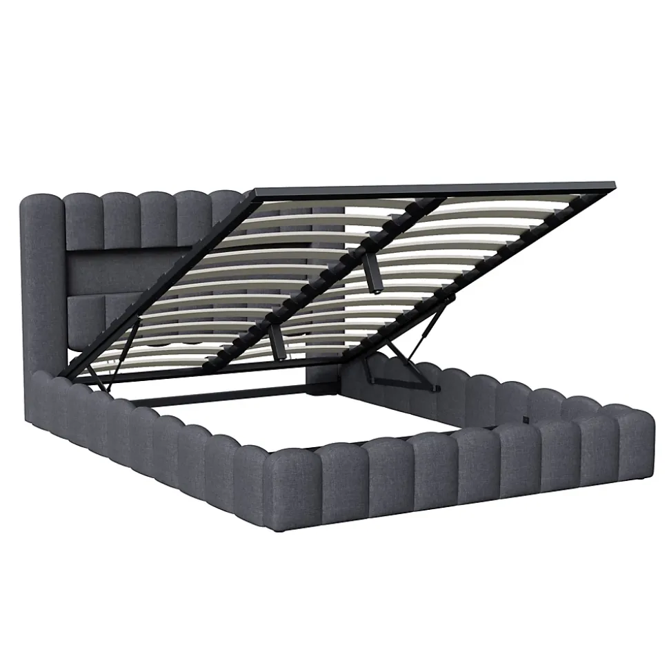 Lit double 140x200cm avec rangements, lit de souche avec éclairage LED, lit capitonné lit adulte lit ado, lin gris