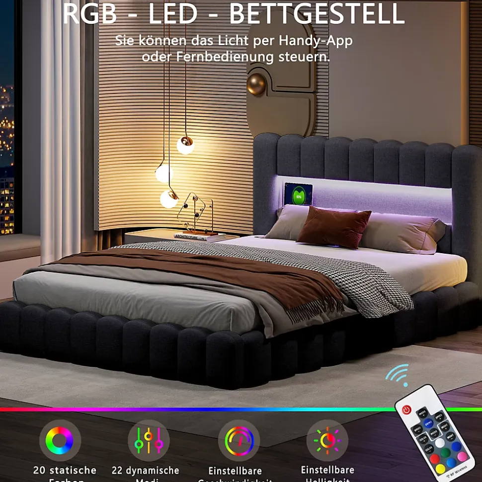 Lit double 140x200cm avec rangements, lit de souche avec éclairage LED, lit capitonné lit adulte lit ado, lin gris