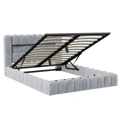Lit double 180x200cm avec rangements, lit de souche avec éclairage LED, lit capitonné lit adulte lit ado, lin gris