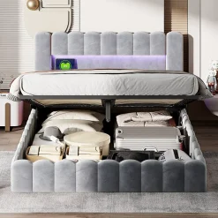 Lit double 180x200cm avec rangements, lit de souche avec éclairage LED, lit capitonné lit adulte lit ado, lin gris
