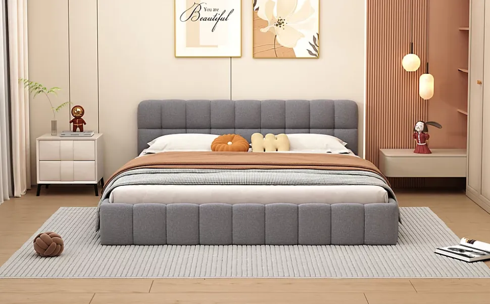 Lit Double 160x200cm, Avec Sommier à Lattes Et Dossier, Avec Cadre Rembourré, Lin, Gris