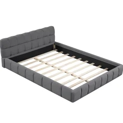 Lit Double 160x200cm, Avec Sommier à Lattes Et Dossier, Avec Cadre Rembourré, Lin, Gris