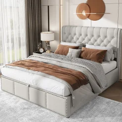 Lit Double 140x200cm Coton-Lin Hydraulique Rangement Rivets Blackcolors