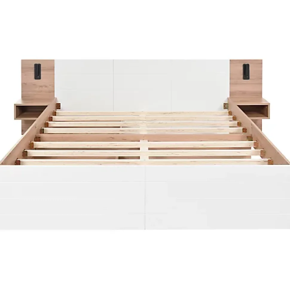 Lit double 140x200cm en bois - avec 2 chevets et 2 tiroirs - 2 liseuses avec prise USB - Blanc + Naturel (matelas non inclus)