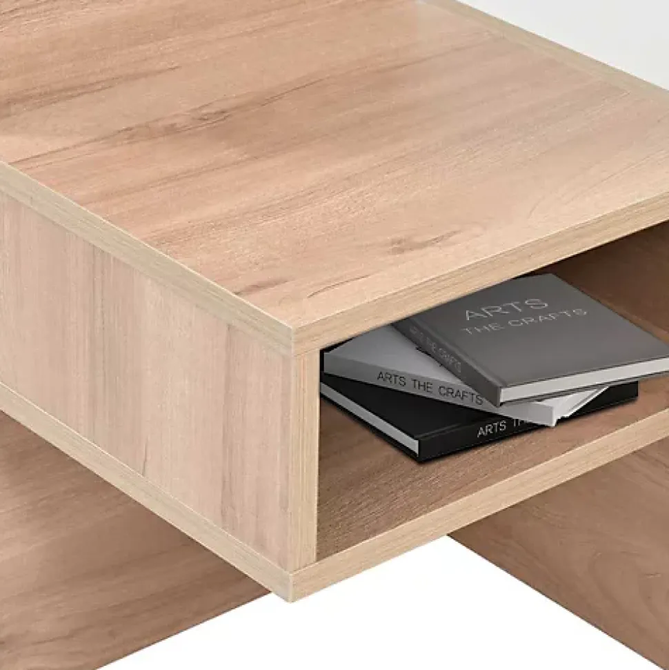 Lit double 140x200cm en bois - avec 2 chevets et 2 tiroirs - 2 liseuses avec prise USB - Blanc + Naturel (matelas non inclus)