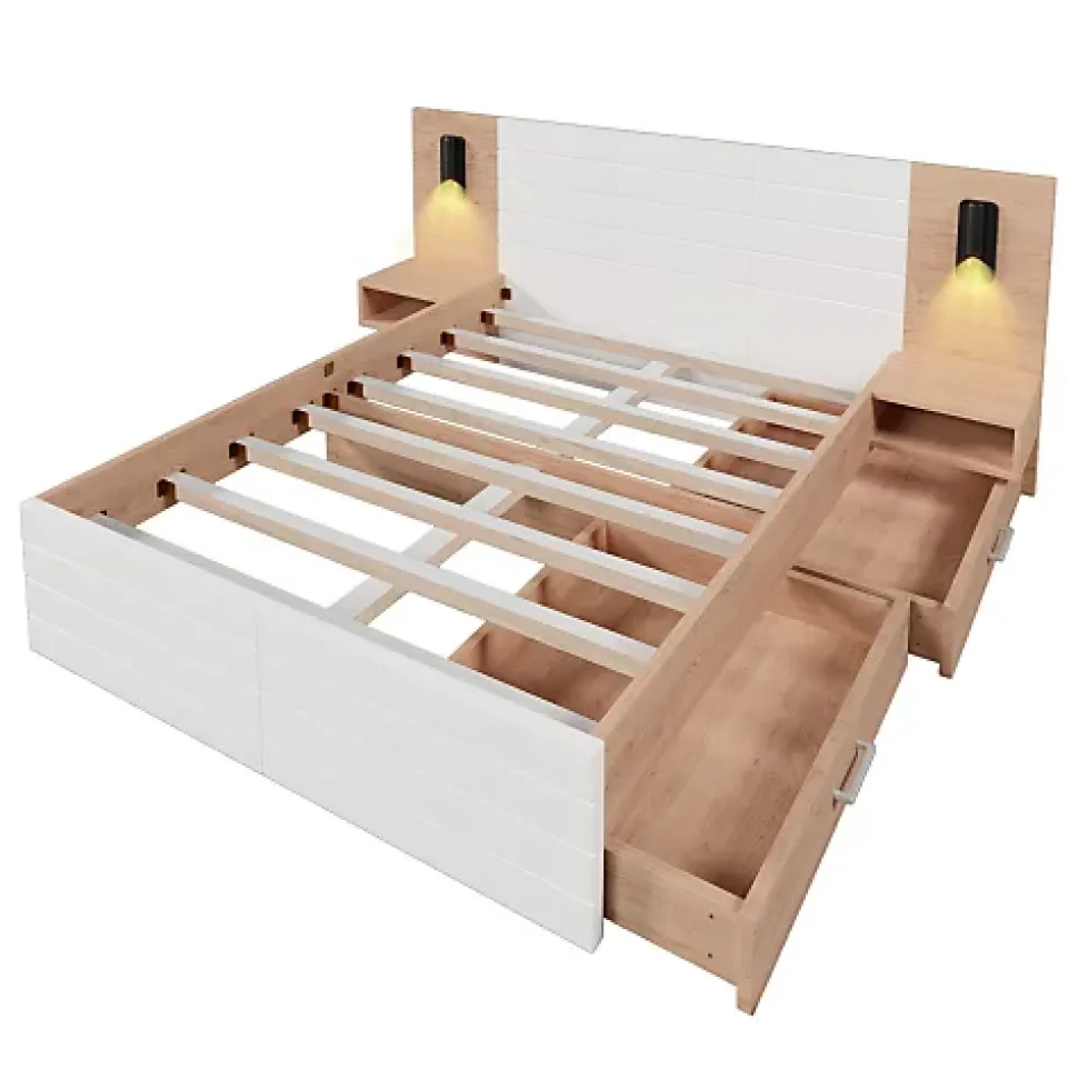 Lit double 140x200cm en bois - avec 2 chevets et 2 tiroirs - 2 liseuses avec prise USB - Blanc + Naturel (matelas non inclus)