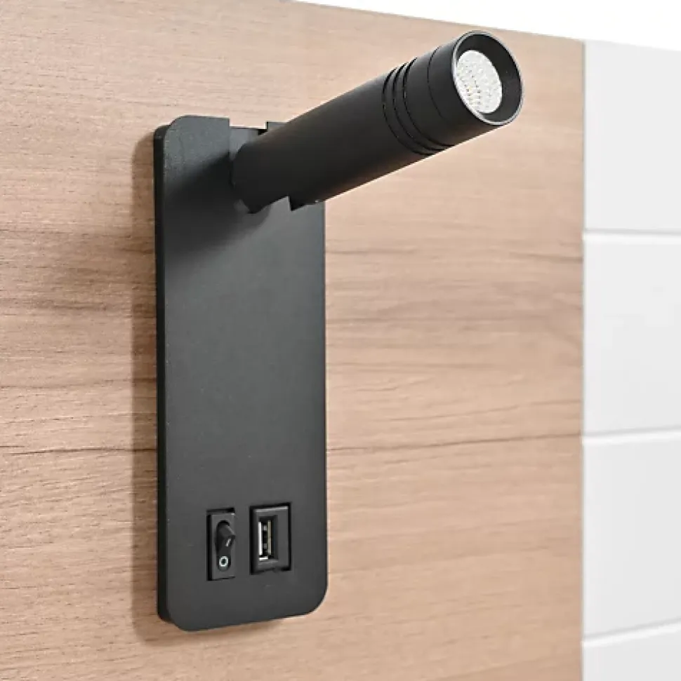 Lit double 140x200cm en bois - avec 2 chevets et 2 tiroirs - 2 liseuses avec prise USB - Blanc + Naturel (matelas non inclus)