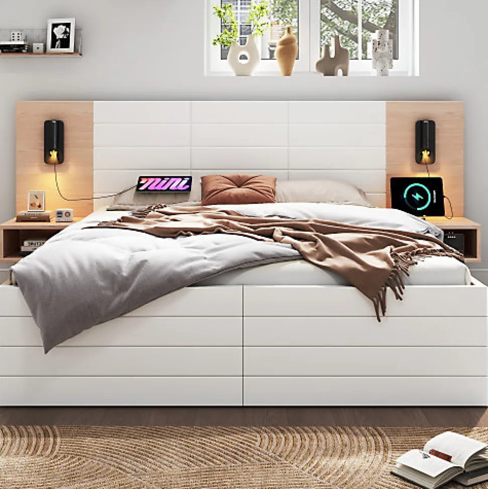 Lit double 140x200cm en bois - avec 2 chevets et 2 tiroirs - 2 liseuses avec prise USB - Blanc + Naturel (matelas non inclus)