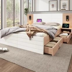 Lit double 140x200cm en bois - avec 2 chevets et 2 tiroirs - 2 liseuses avec prise USB - Blanc + Naturel (matelas non inclus)