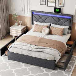 Lit double 160x200cm en lin gris foncé avec LED, USB & Type-C, tête de lit moderne et 4 tiroirs métalliques de rangement