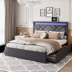 Lit double 160x200cm en lin gris foncé avec LED, USB & Type-C, tête de lit moderne et 4 tiroirs métalliques de rangement