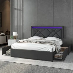Lit double 160x200cm en lin gris foncé avec LED, USB & Type-C, tête de lit moderne et 4 tiroirs métalliques de rangement