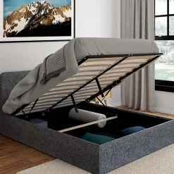 Lit Double 140x190cm en Tissu Gris Anthracite avec Coffre + Sommier