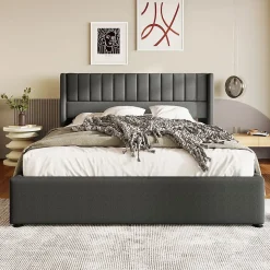 Lit Double 160x200cm Hydraulique Rangement Lin Gris Blackcolors