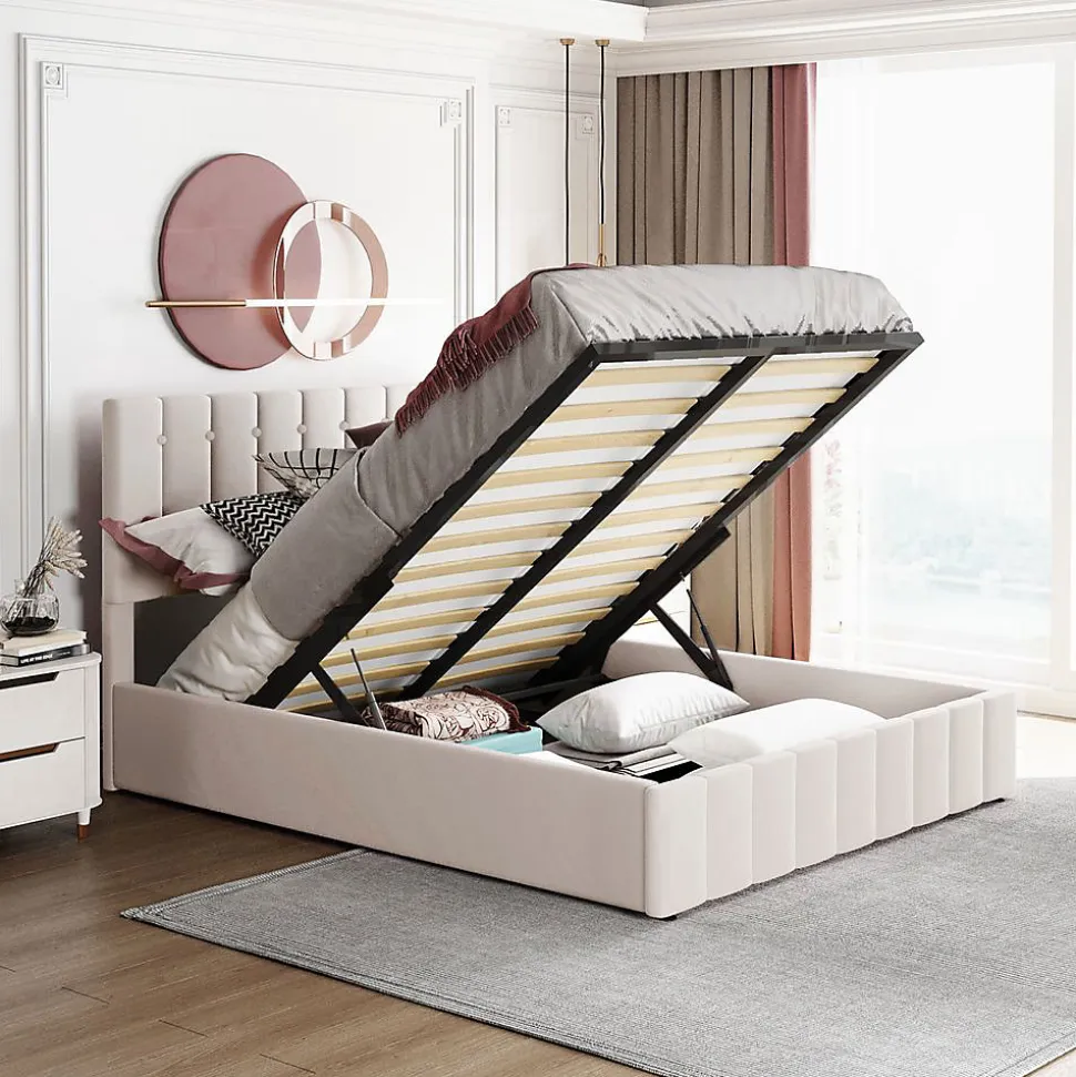 Lit Double 140x200cm Hydraulique LED Velours Blanc Crème Blackcolors