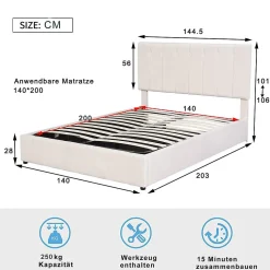 Lit Double 140x200cm Hydraulique LED Velours Blanc Crème Blackcolors