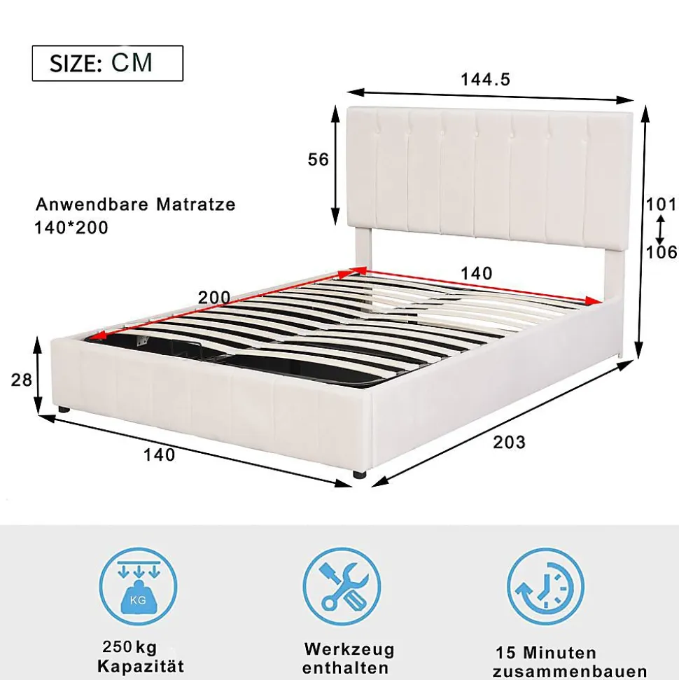 Lit Double 140x200cm Hydraulique LED Velours Blanc Crème Blackcolors