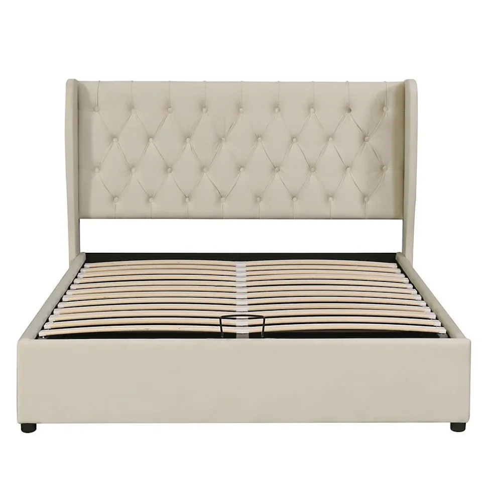 Lit Double 140x200cm Oreilles Velours Hydraulique Beige Blackcolors