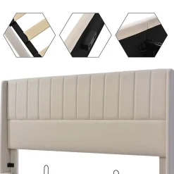 Lit Double 140x200cm Rembourré Hydraulique Lin Beige Blackcolors