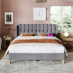 Lit Double 160x200cm USB C Rangement Gris Lin Blackcolors